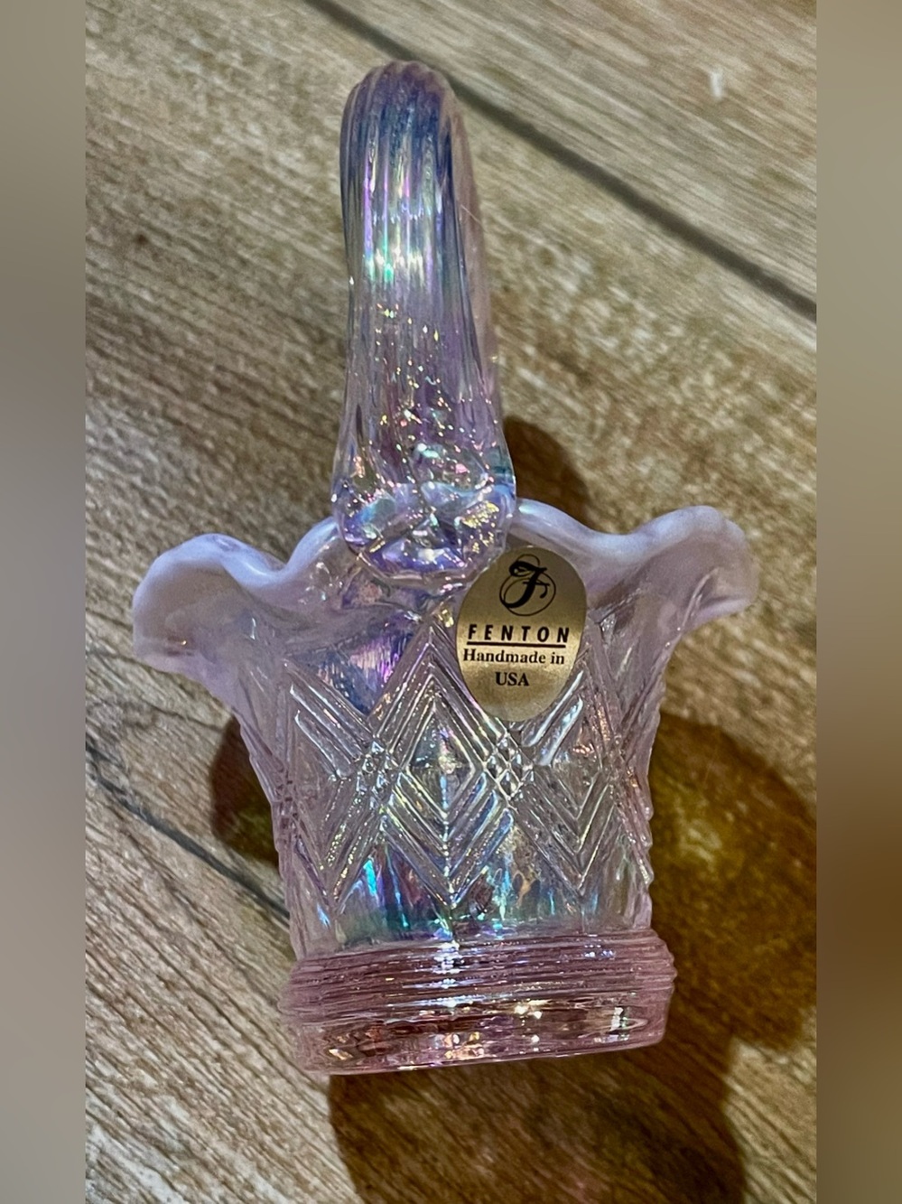Fenton Pink Iridescent Art Glass Basket Handmade USA Vintage